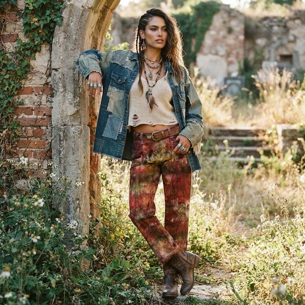 Upcycled Sz L Linen Blend Pull On Tie Dyed Womens Fairy Grunge Pants Boho Hippie